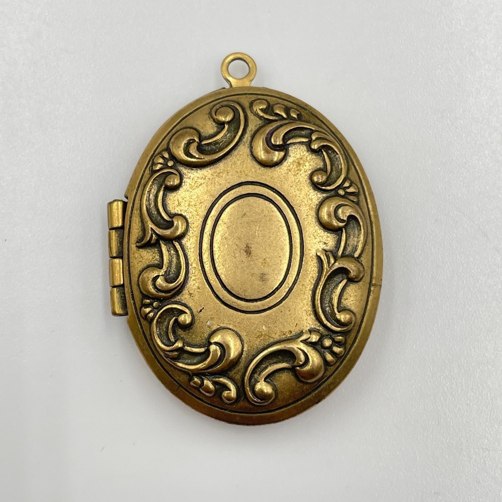 Vintage Antique Brass Tone Oval Livelong Locket Floral Scroll Pattern Pendant